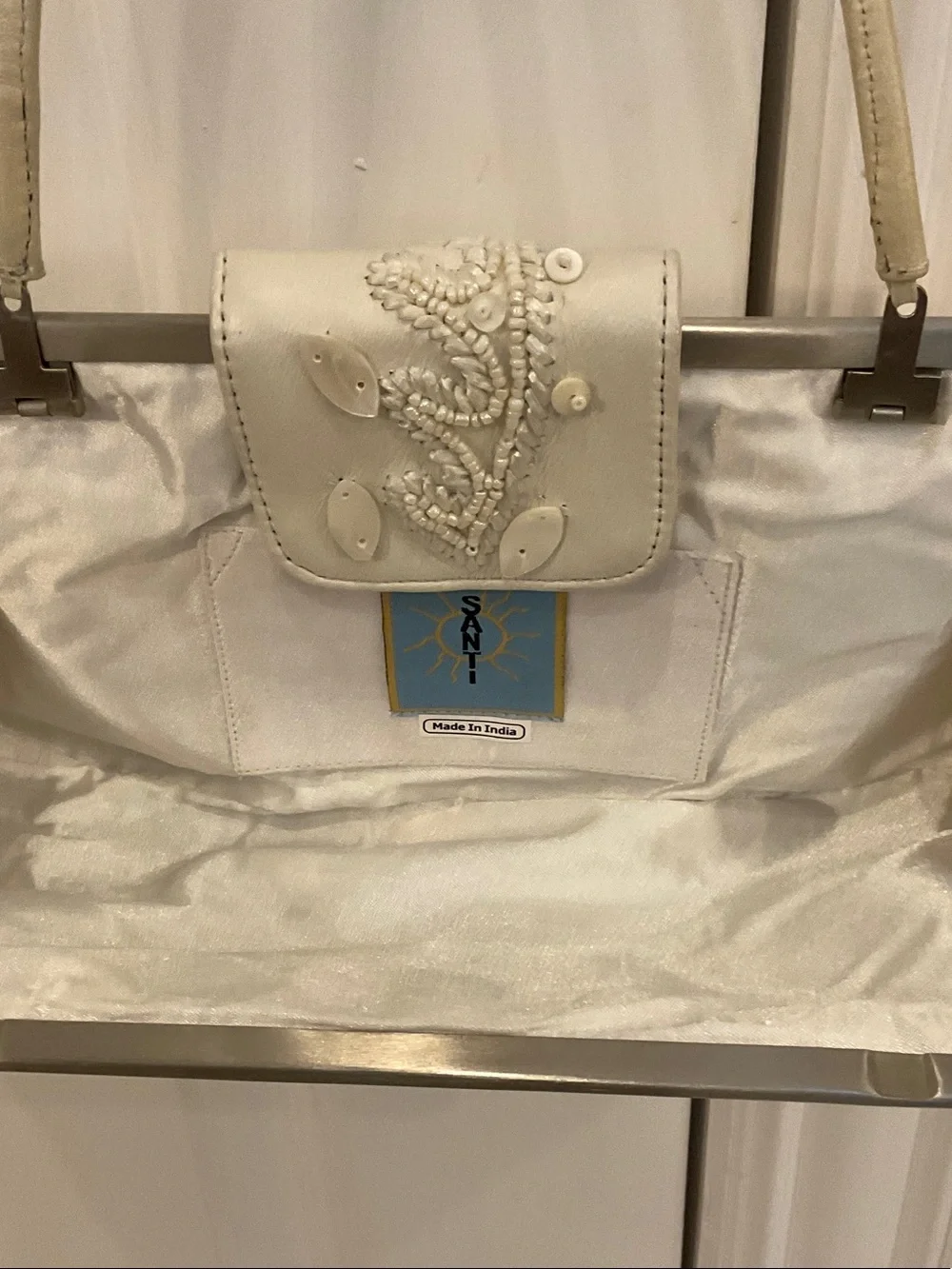 Beaded Cream Floral Evening Clutch with Strap